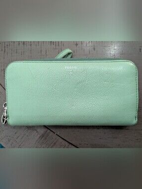 mint green Fossil pebbled leather zip-around wallet